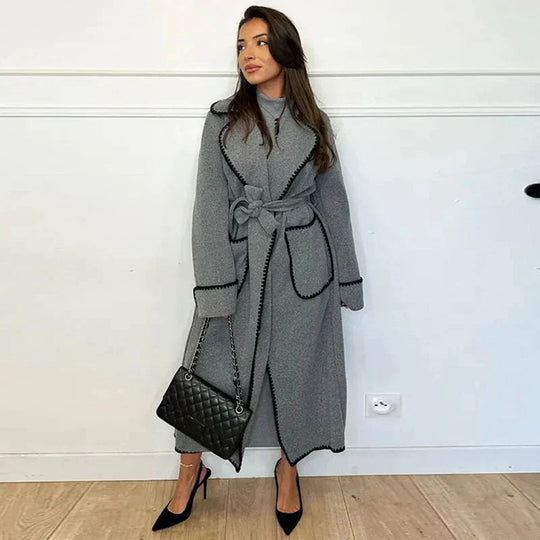 Sahari - Cappotto da donna | Taglio lungo, cuciture a contrasto, materiale morbido