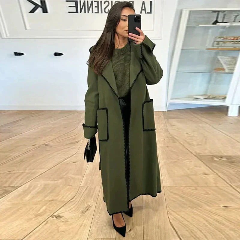 Sahari - Cappotto da donna | Taglio lungo, cuciture a contrasto, materiale morbido