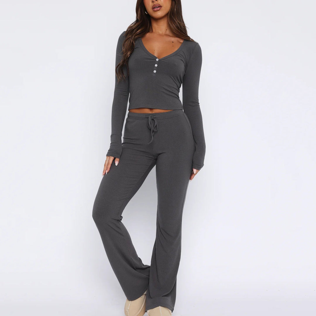 Sahari - Damen Loungewear Set | Weicher Rippstoff, Bequeme Passform, Modischer V-Ausschnitt