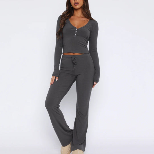Sahari - Damen Loungewear Set | Weicher Rippstoff, Bequeme Passform, Modischer V-Ausschnitt